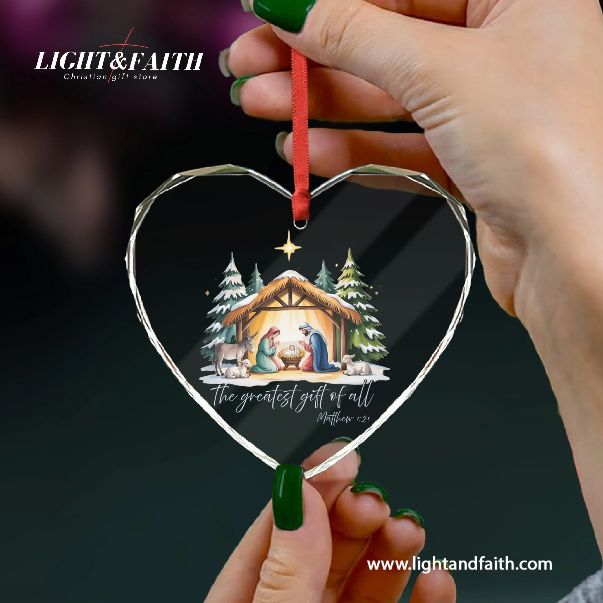 The Greatest Gift of All Heart Ornament, Matthew 1:21 Nativity Scene Ornament, Holy Family Christmas Decor, Christian Faith Gift, Religious Glass Decoration DCLAF59